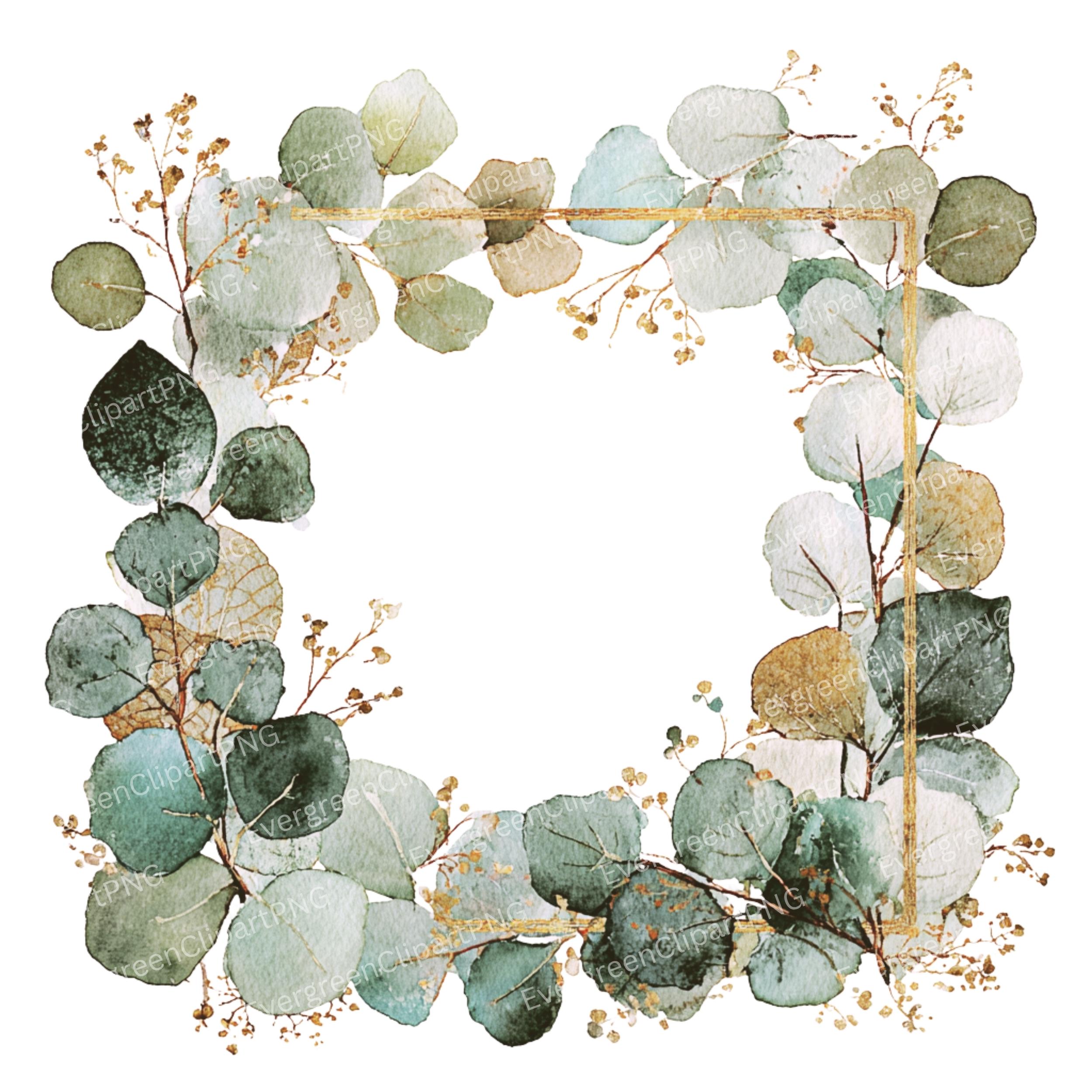 Eucalyptus Gold Frame Clipart: Watercolor Botanical Wedding Invitation ...