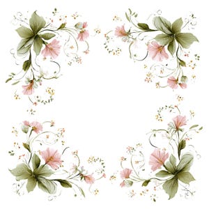 12 PNG Pink Flower Frame Clipart, Watercolor Green Leaves Border, Botanical Clip art, Transparent BG, Wedding Invitation, Romantic Decor
