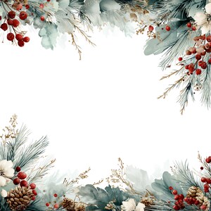 May include: A watercolour illustration of a festive winter border. The design features pine needles, red berries, pine cones, and white flowers, with gold accents. The arrangement is set against a white background, creating a seasonal decorative element.