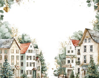 Watercolor Christmas Village Frame: Festive Winter Houses (PNG Digital Download, Summer Clipart