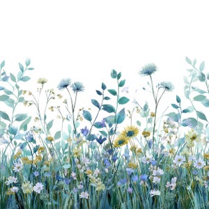 May include: Watercolor illustration of a wildflower meadow. The image features a variety of flowers in shades of blue, yellow, and white, with green foliage. The flowers are set against a white background, creating a fresh and natural aesthetic.