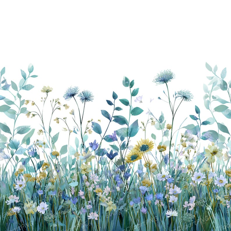 May include: Watercolor illustration of a wildflower meadow. The image features a variety of flowers in shades of blue, yellow, and white, with green foliage. The flowers are set against a white background, creating a fresh and natural aesthetic.