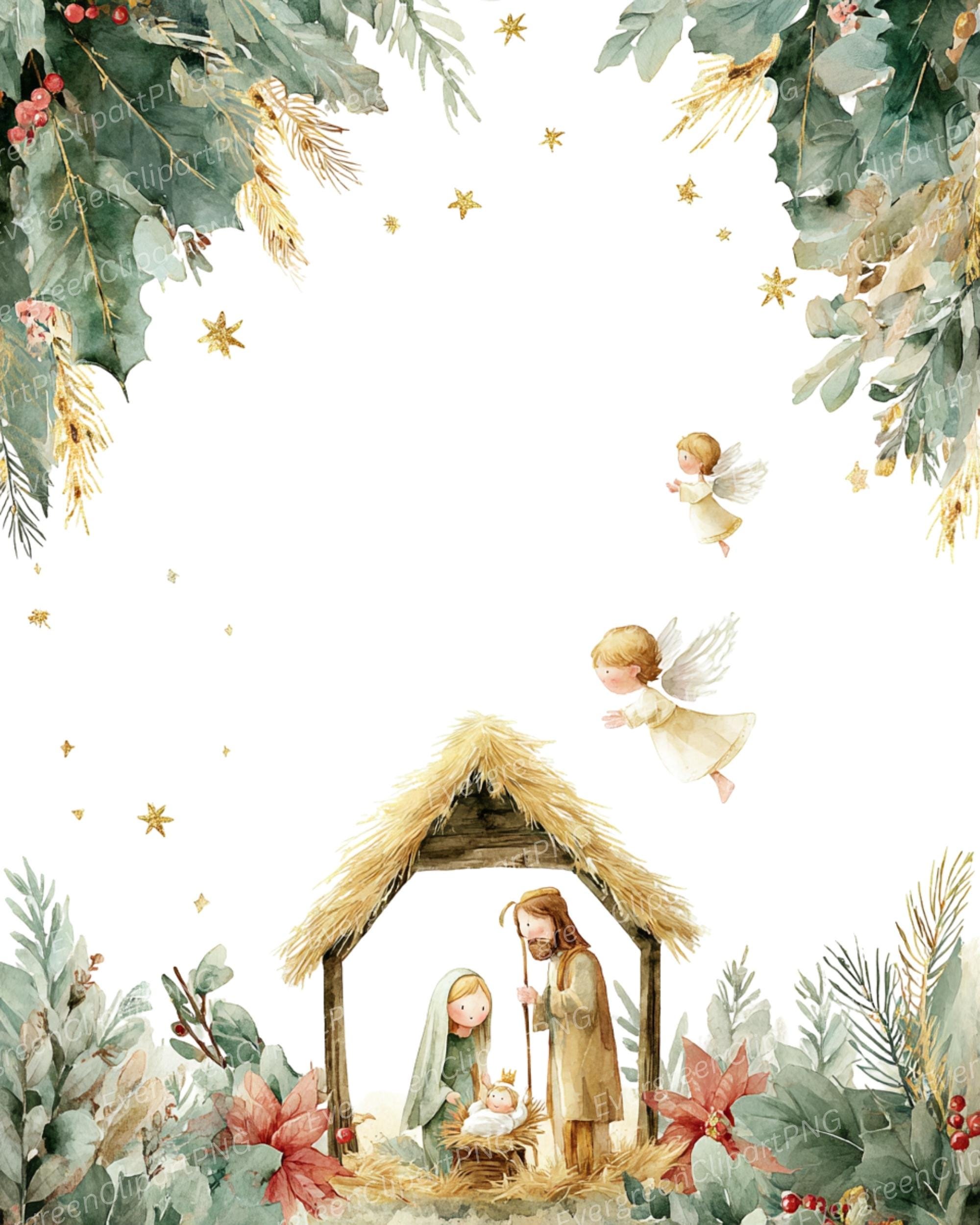 Spring Nativity Watercolor Nativity Clipart: Holy Family, Angels, Stars (PNG Digital ...
