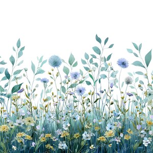 May include: Watercolor illustration of a wildflower meadow. The image features a variety of flowers in shades of blue, yellow, and white, with green foliage. The flowers are set against a white background, creating a fresh and natural aesthetic.