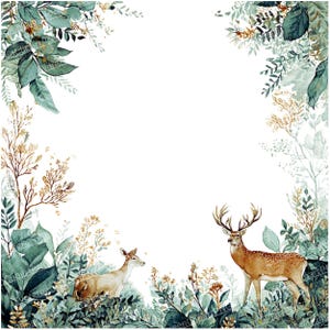 May include: Watercolor illustration featuring two deer amidst lush greenery and golden-toned foliage. The artwork has a white background and is framed by leaves and branches. The deer are brown with white spots.