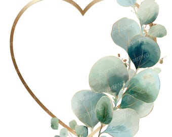 May include: A gold heart-shaped frame with watercolor eucalyptus leaves in shades of green and blue. Delicate gold accents and sprigs of gold foliage adorn the leaves, creating a romantic and elegant design. The image is set against a white background.