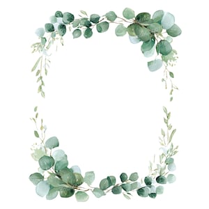 May include: Watercolor illustration of a eucalyptus wreath. The wreath is composed of green and light green eucalyptus leaves and branches, arranged in a semi-circular shape. The background is white.