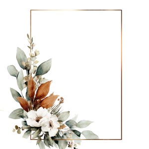 May include: A watercolor floral design with white flowers, rust-colored leaves, and green foliage. The arrangement is set in the corner of a gold rectangular frame, perfect for invitations or announcements.