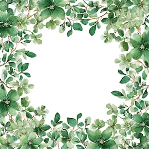 12 PNG Green Flowers Frame Clipart, Watercolor Botanical Borders, Leafy Floral Wreaths, Transparent BG, Wedding Invitation, Scrapbooking
