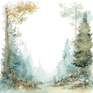Könnte beinhalten: Aquarellmalerei einer Waldszene mit hohen Bäumen, darunter Kiefern und Laubbäumen. Die Farbpalette ist weich, mit Grün-, Blau- und Brauntönen. Das Kunstwerk hat eine verträumte, ätherische Qualität mit einem Gefühl von Tiefe.