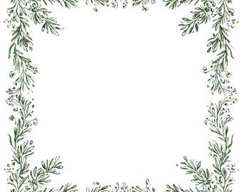 May include: A square, botanical design featuring a border of green leaves and small berries. The leaves are arranged in a delicate, repeating pattern around a white background, creating a natural, elegant frame.