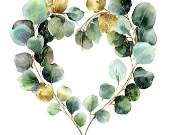 May include: Watercolor illustration of a heart-shaped wreath made of eucalyptus leaves. The leaves are in shades of green and gold, with delicate veins and a soft, painted texture. The design is on a white background.