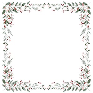 May include: A watercolor illustration of a square frame composed of green leaves and red berries. The leaves and berries are arranged in a decorative border, perfect for holiday or seasonal designs. The background is white.