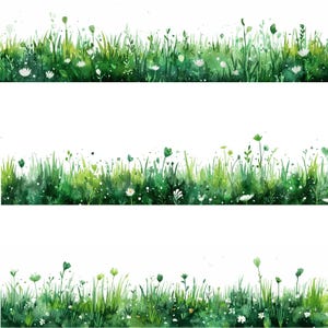 May include: Watercolor illustration of three horizontal bands of green grass and wildflowers. The grass varies in shades of green, with white and yellow flowers scattered throughout. The artwork has a soft, natural aesthetic.