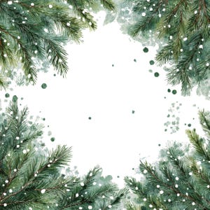 May include: Watercolor illustration of evergreen branches with white accents, creating a festive border. The image features a white background with green watercolor splatters and small white dots, evoking a winter or holiday theme.
