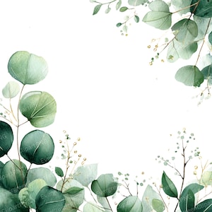 12 PNG Eucalyptus Frame Clipart, Watercolor Botanical Border, Green Foliage Decoration, Wedding Invitation Frame, Transparent Green Leaves
