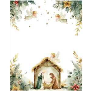 Op de afbeelding: Waterverfillustratie van de kerststal. De afbeelding toont een stal met Maria, Jozef en het kindje Jezus. Twee engelen vliegen boven de stal en nog twee bovenaan. De achtergrond is wit met gouden sterren en groen en gouden blad.