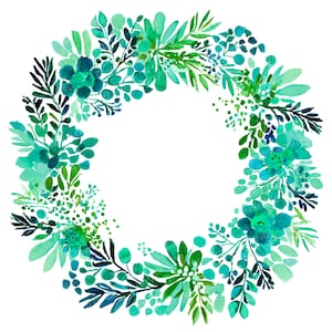 Può includere: Ghirlanda ad acquerello con una varietà di foglie e elementi floreali verdi e turchesi. Il design è disposto a forma circolare, con uno sfondo bianco. L'opera d'arte ha un'estetica fresca e naturale.