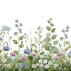 Puede incluir: Ilustración en acuarela de un prado de flores silvestres. La imagen presenta una variedad de flores en tonos azules, rosas y blancos, con follaje verde. Las flores están dispuestas en un borde horizontal sobre un fondo blanco.