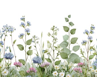 Watercolor Wildflower Clipart: Green Meadow Grass, Botanical Borders (PNG, 300 DPI), Summer Clipart
