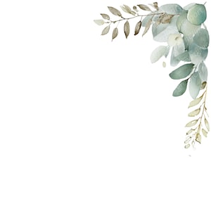 Puede incluir: Ilustración en acuarela de hojas y ramas de eucalipto en tonos verdes, grises y dorados. El diseño botánico está dispuesto en una composición de esquina, perfecto para invitaciones, tarjetas u otros proyectos de diseño.