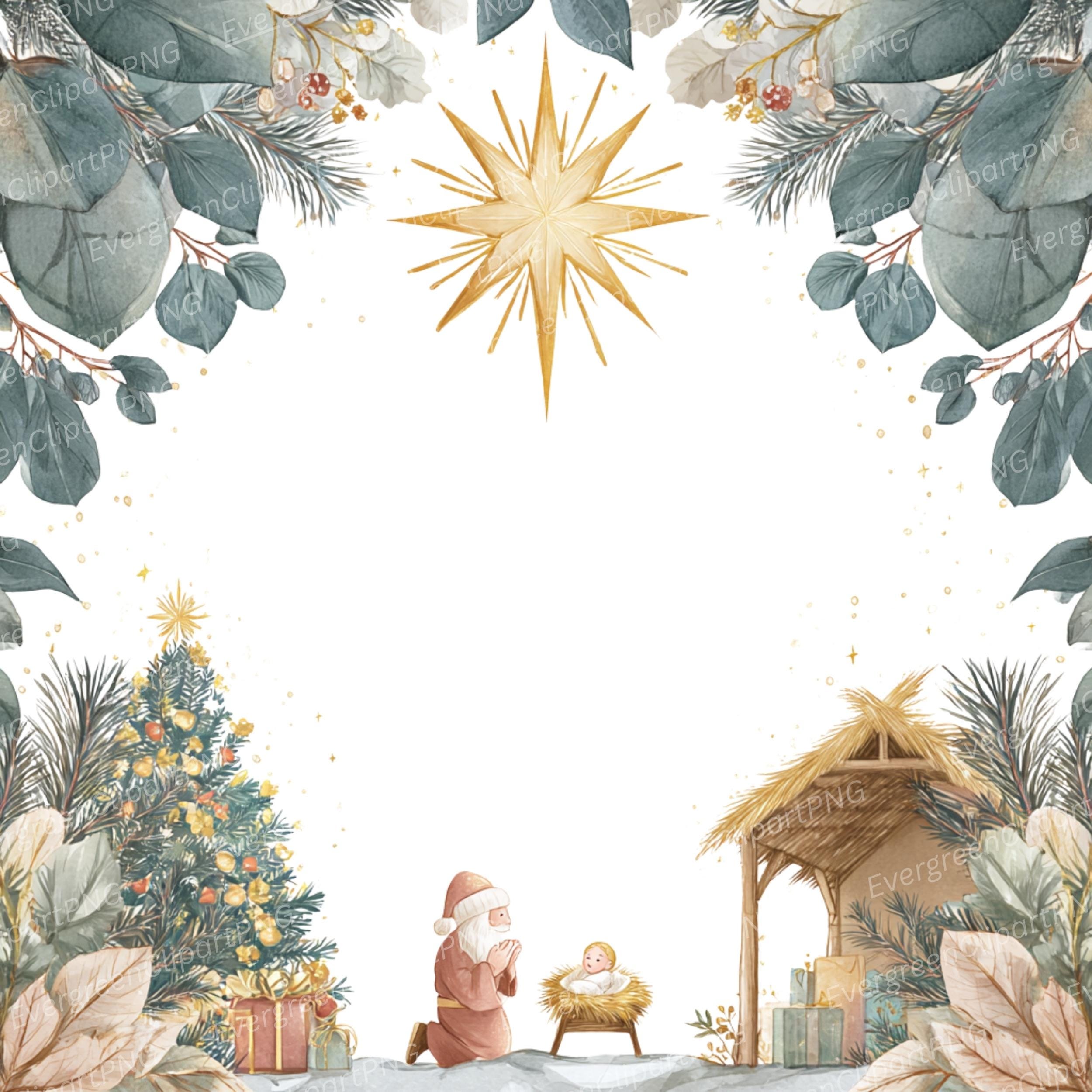 Spring Nativity Nativity Clipart: Santa Bowing to Baby Jesus, Eucalyptus Frames (PNG ...