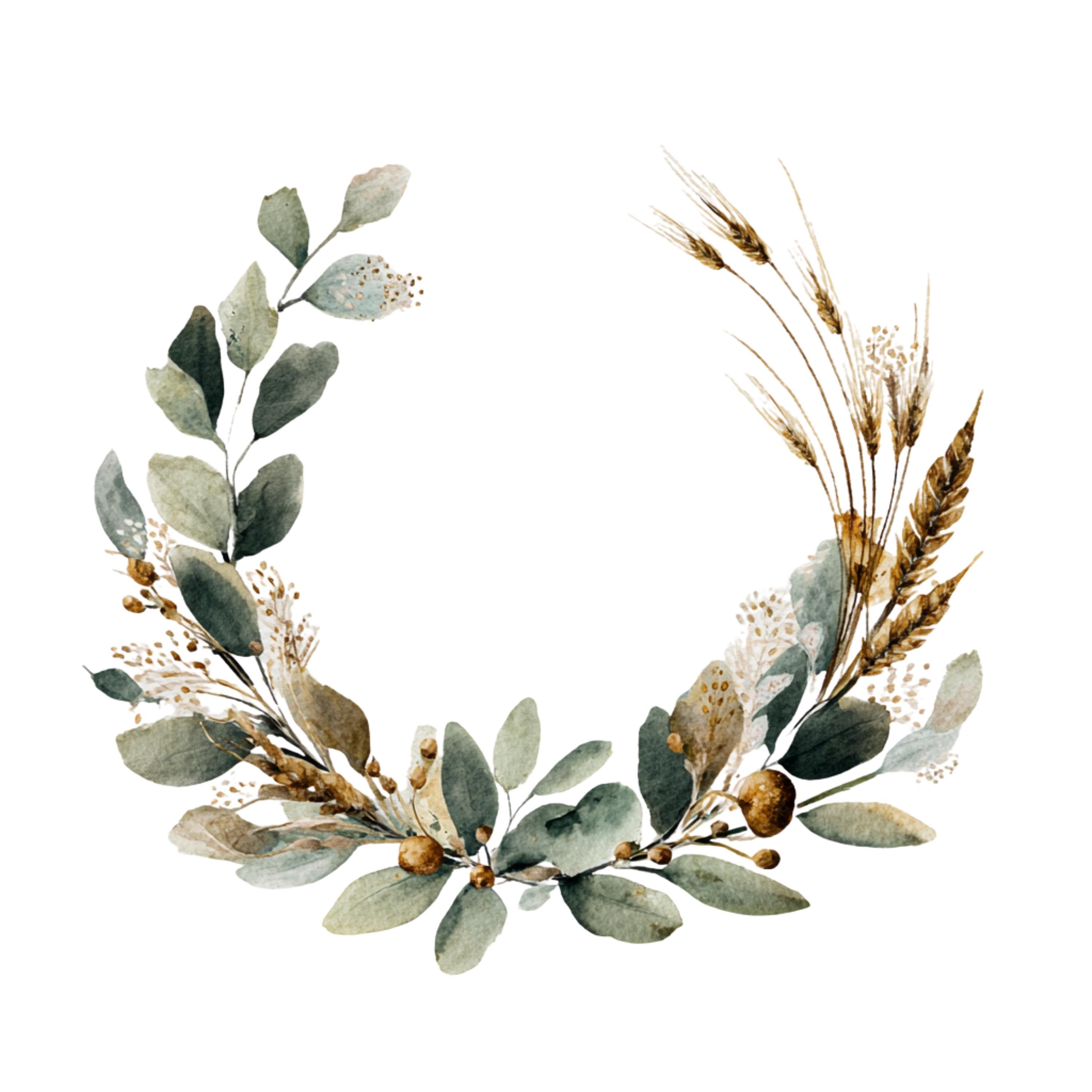 Watercolor Eucalyptus Wreath Clipart, Golden Wheat Frame (digital ...
