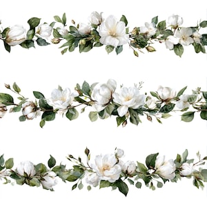 Op de afbeelding: Waterverf bloemenrandontwerp met witte bloemen, katoenbollen en groene bladeren. De botanische illustratie is gerangschikt in horizontale rijen, ideaal voor knutsel- of designprojecten. De afbeelding staat tegen een witte achtergrond.