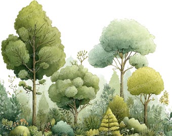 12 Watercolor Forest Tree Clipart Border: Woodland Greenery PNG (Digital Download), Spring Clipart