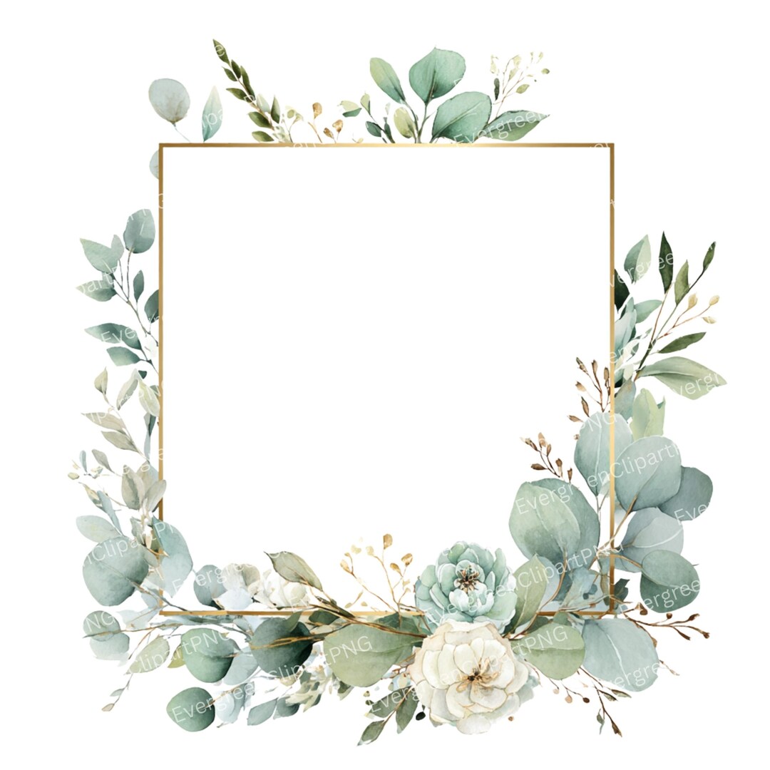 Eucalyptus Gold Frame Clipart: Watercolor Greenery Wedding Invitation ...