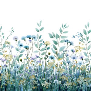May include: Watercolor illustration of a field of wildflowers in shades of blue, yellow, and purple. The flowers are set against a backdrop of green grass and leaves. The image has a soft, dreamy quality, perfect for floral designs.