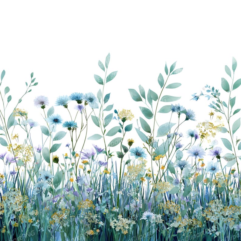 May include: Watercolor illustration of a field of wildflowers in shades of blue, yellow, and purple. The flowers are set against a backdrop of green grass and leaves. The image has a soft, dreamy quality, perfect for floral designs.