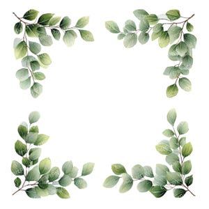 12 PNG Green Leaves Frame, Watercolor Botanical Border, Greenery Clipart, Green Leaf Frame, Paper Craft, Wedding Invite, Digital Download
