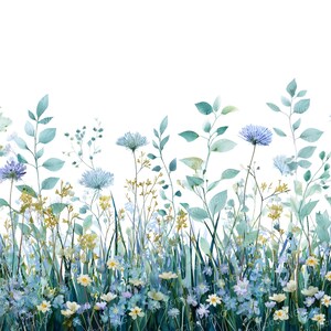 May include: Watercolor illustration of a field of wildflowers in shades of blue, green, and yellow. The image features various types of flowers and foliage, creating a natural and serene scene. The artwork is set against a white background.