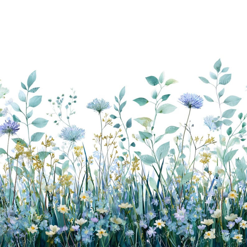 May include: Watercolor illustration of a field of wildflowers in shades of blue, green, and yellow. The image features various types of flowers and foliage, creating a natural and serene scene. The artwork is set against a white background.