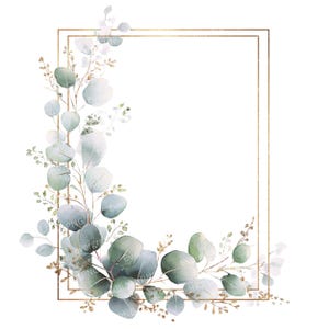 12 PNG Eucalyptus Branch Frame Clipart, Double Gold Geometric Border, Watercolor Green Leaves, Wedding Invitation Clipart, Transparent PNG