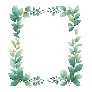 12 PNG Green Leaf Frame Clipart, Watercolor Botanical Borders, Foliage Frame Elements, Wedding Invitation Clip Art, Transparent Digital