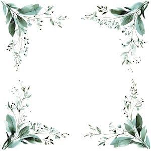 12 PNG Green Branch Frame Clipart, Watercolor Leaf Borders, Botanical Greenery Design, Wedding Invitation Frames, Transparent High Quality