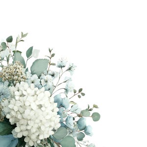 May include: A watercolor illustration of a floral arrangement featuring white hydrangeas, light blue blossoms, and green eucalyptus leaves. The flowers are arranged in a corner, with a white background.