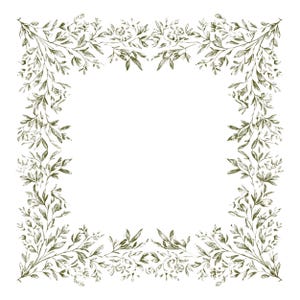 May include: A square, botanical illustration featuring a frame of olive green leaves and delicate floral elements. The leaves and flowers are arranged in a symmetrical pattern around a white center, creating a decorative border.