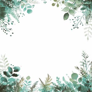 12 PNG Green Leaves Frame Clipart, Watercolor Botanical Border, Transparent Center Wreath, Foliage Design for Invitations & Cards