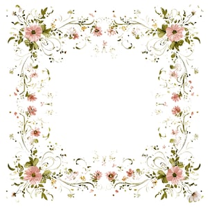 12 PNG Pink Flowers Frame, Watercolor Elegant Clipart, Green Borders, Botanical Wedding Invitation, Transparent Background, Romantic Decor