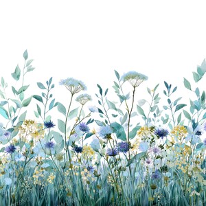 May include: Watercolor illustration of a meadow with various wildflowers in shades of blue, yellow, and purple. The image features tall green grass and leafy stems against a white background. The flowers are in full bloom.