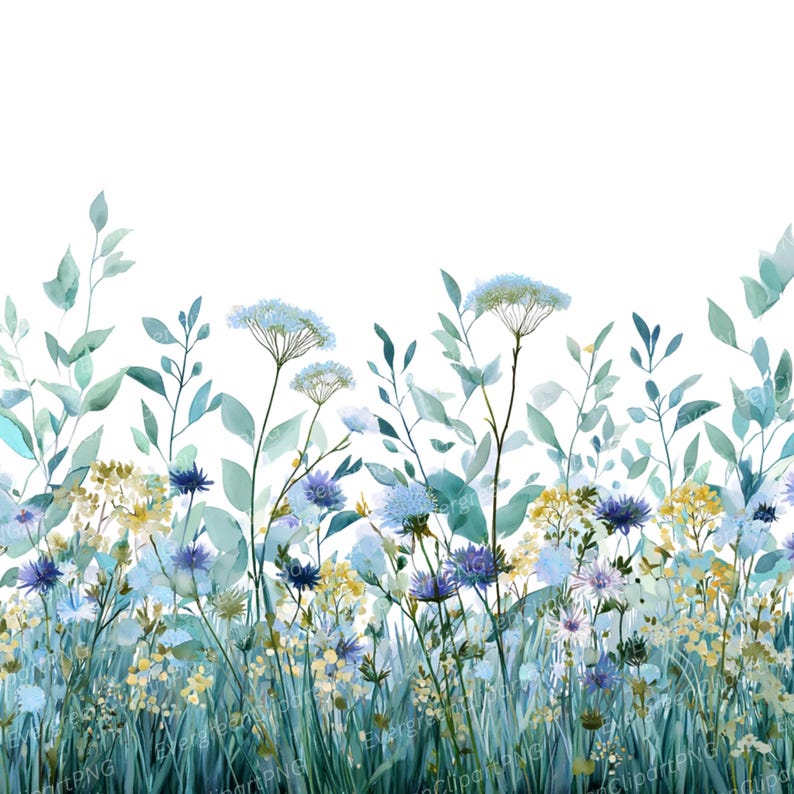 May include: Watercolor illustration of a meadow with various wildflowers in shades of blue, yellow, and purple. The image features tall green grass and leafy stems against a white background. The flowers are in full bloom.