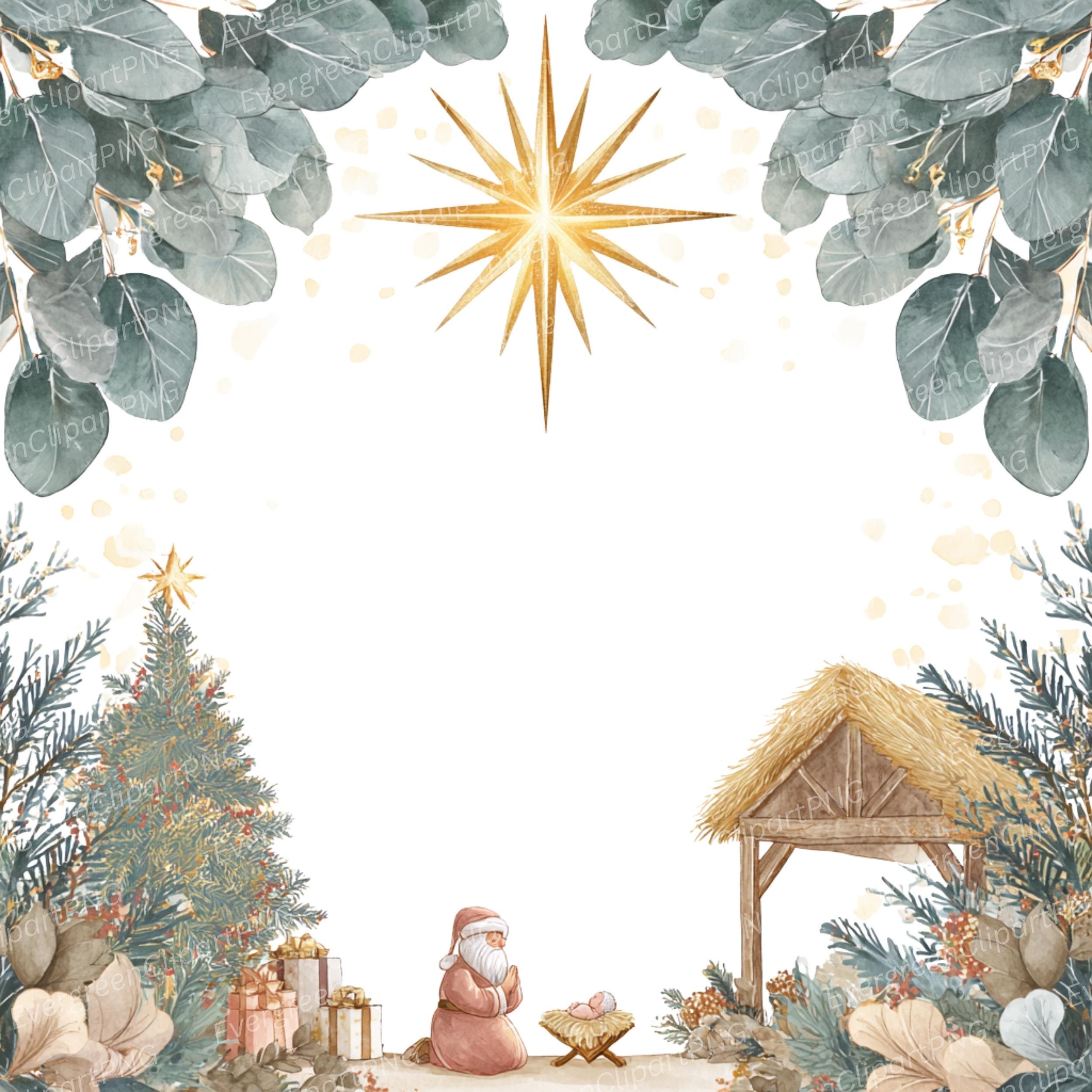 Spring Nativity Nativity Clipart: Santa Bowing to Baby Jesus, Eucalyptus Frames (PNG ...