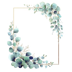 Eucalyptus Gold Frame Clipart: Botanical Wedding Invitation Wreaths (PNG Digital Download)