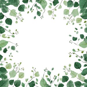 Può includere: Illustrazione ad acquerello con sfondo bianco, incorniciata da foglie e rami verdi. Le foglie, in varie tonalità di verde, creano un design botanico naturale. Ideale per progetti di design, l'immagine ha un aspetto fresco e organico.