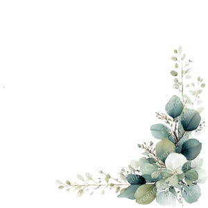 Puede incluir: Ilustración en acuarela de un arreglo floral de esquina. El diseño presenta hojas de eucalipto en tonos verdes y verde azulado, con delicadas flores blancas y pequeñas ramitas. El arreglo está sobre un fondo blanco.