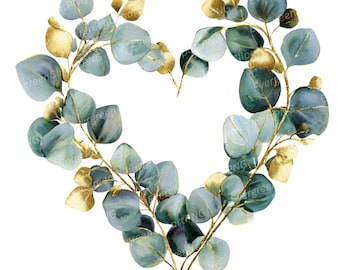 May include: Watercolor illustration of a heart-shaped arrangement of eucalyptus leaves. The leaves are a mix of blue-green and gold, with delicate gold stems. The design is on a white background.