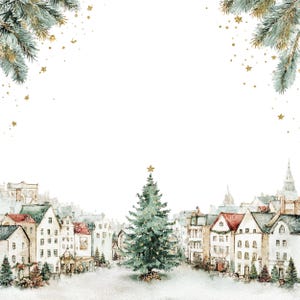 Può includere: Illustrazione ad acquerello di una scena natalizia con un albero decorato di fronte a una città. Gli edifici hanno tetti rossi e verdi. Stelle dorate e rami di pino decorano gli angoli.